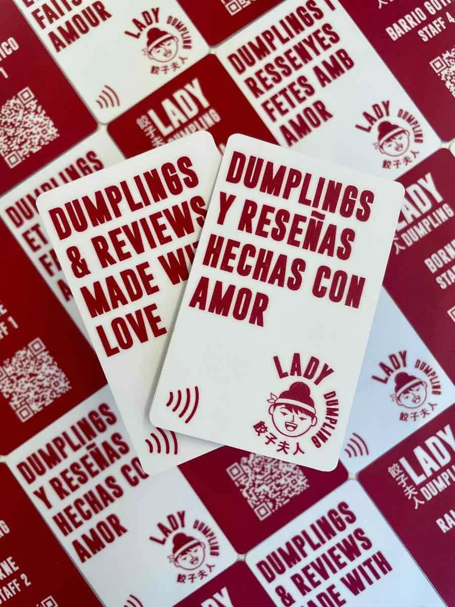 Personalized NFC review card for Lady Dumpling, front and back
