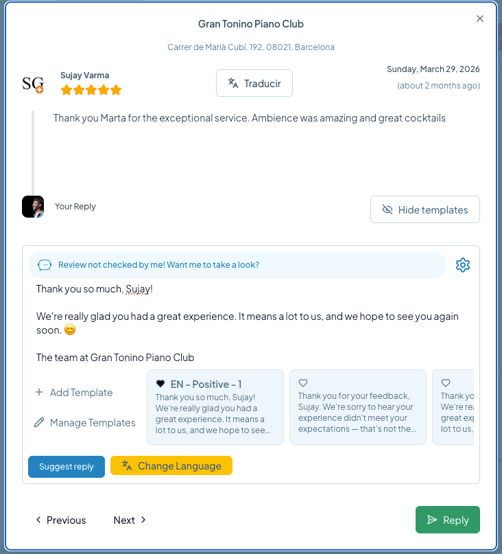 Reply to a Google review using a saved template on desktop