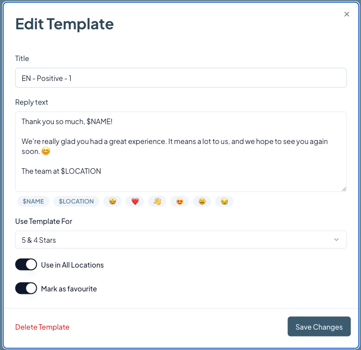 Edit reply template with $NAME and $LOCATION variables