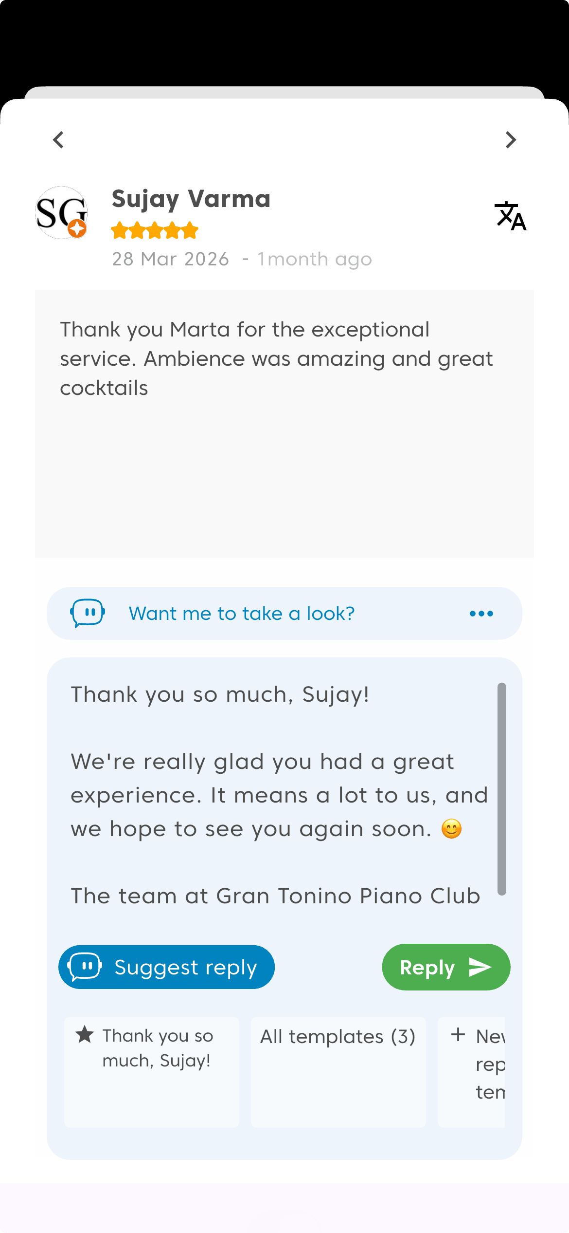 Local manager replying to a Google review on mobile using a team template
