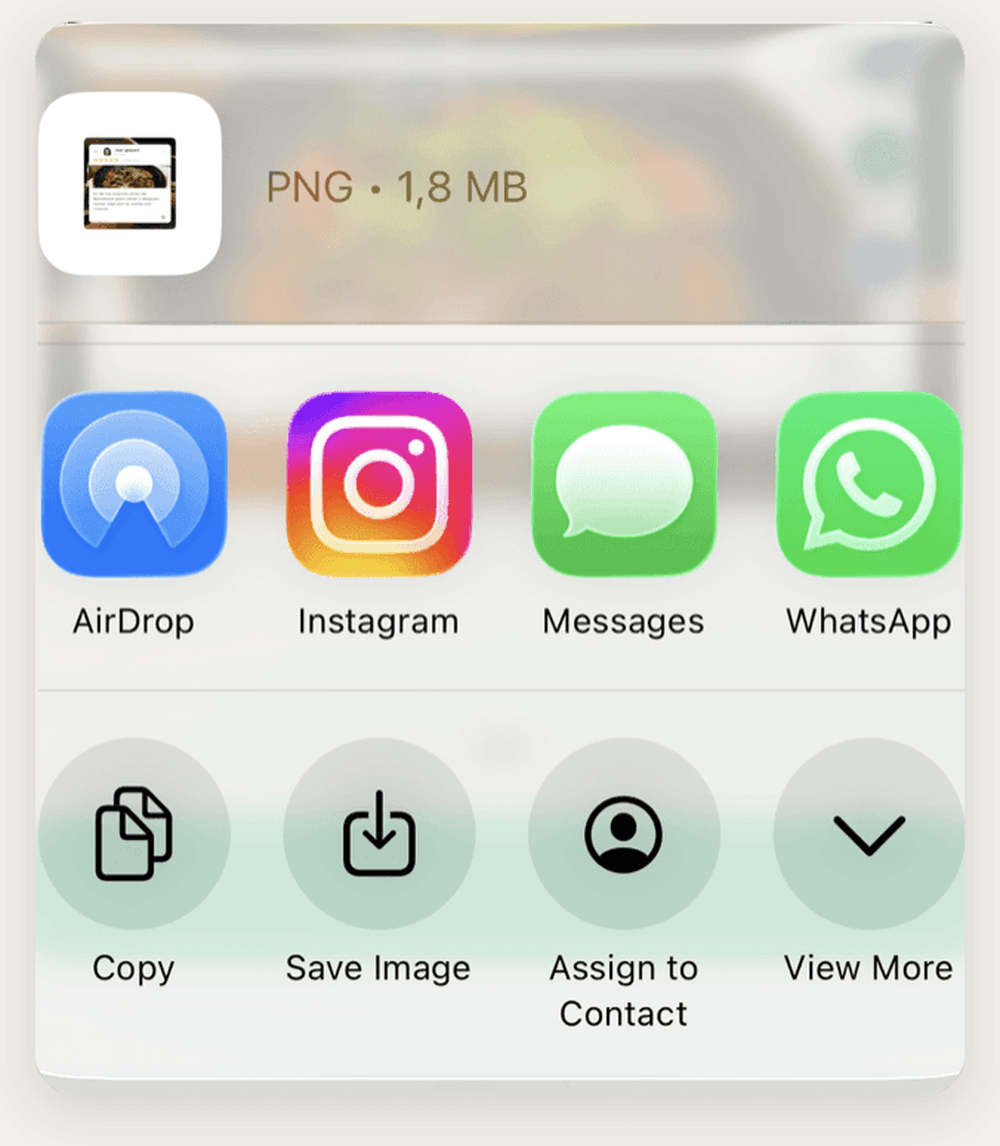 Il menu di condivisione del telefono con Instagram, WhatsApp e l'opzione per salvare l'immagine