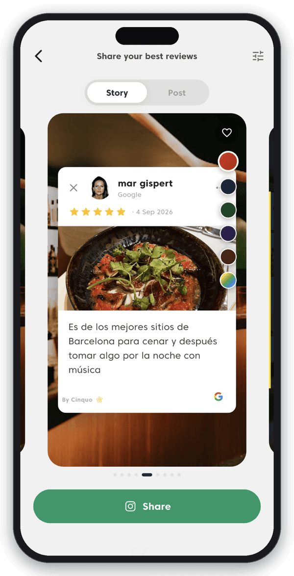 L'app Cinquo che genera l'immagine di una recensione Google in formato storia
